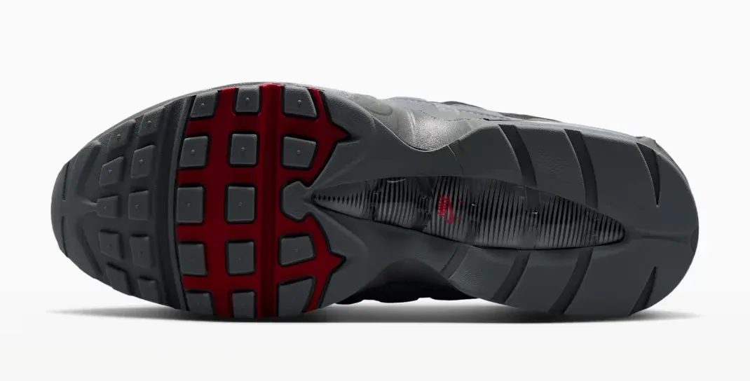 Nike Air Max 95 Black Tough Red outsole in black, grey and red