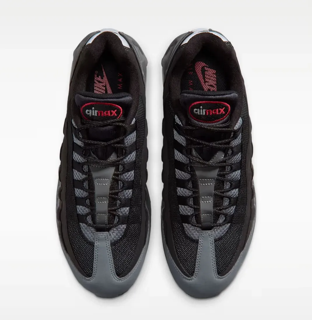 Nike Air Max 95 Black Tough Red top view showing black and grey uppers