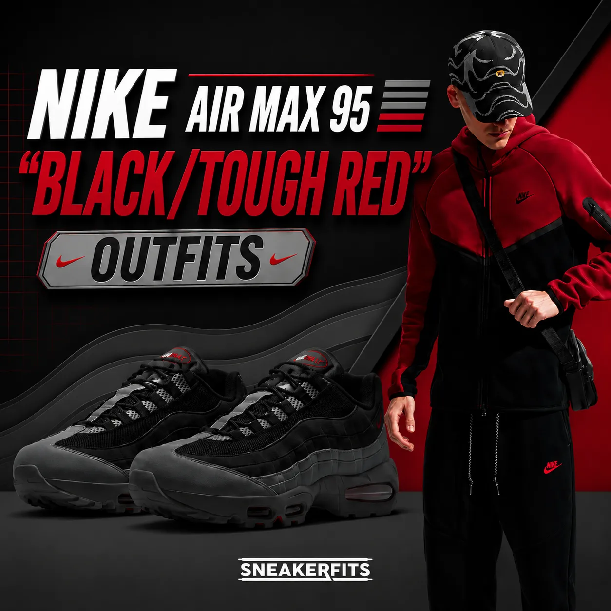 Nike Air Max 95 Black Tough Red sneakers with matching red and black Nike outfit.