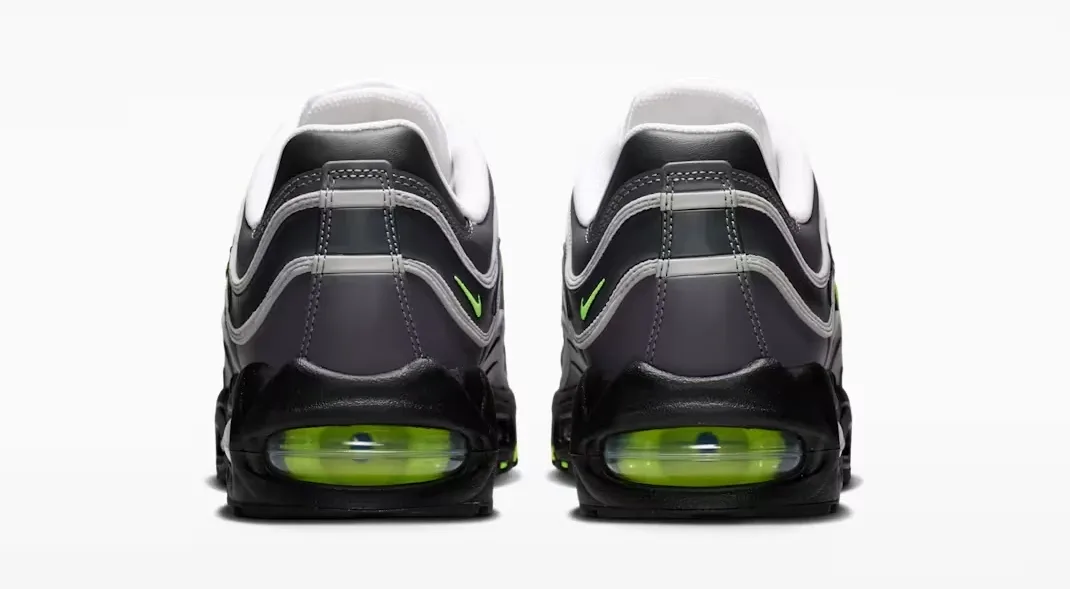 Heel view of the Nike Air Max Joga Bonito in Black, Anthracite, Smoke Grey and Neon Green.