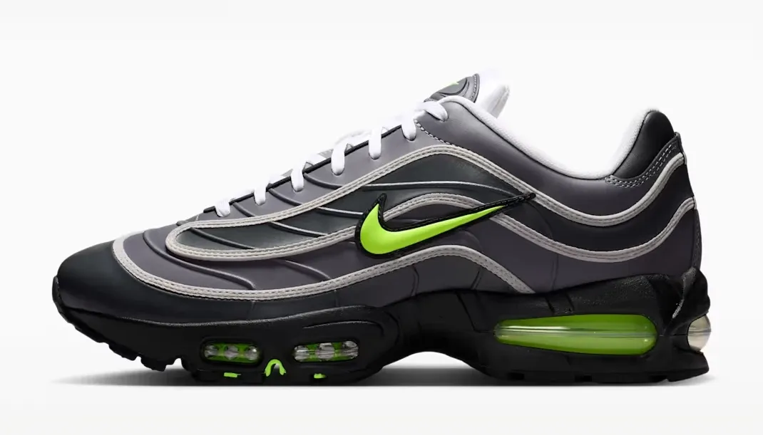 Nike Air Max Joga Bonito sneakers in Black, Anthracite, Smoke Grey and Neon Green shown from the lateral side.
