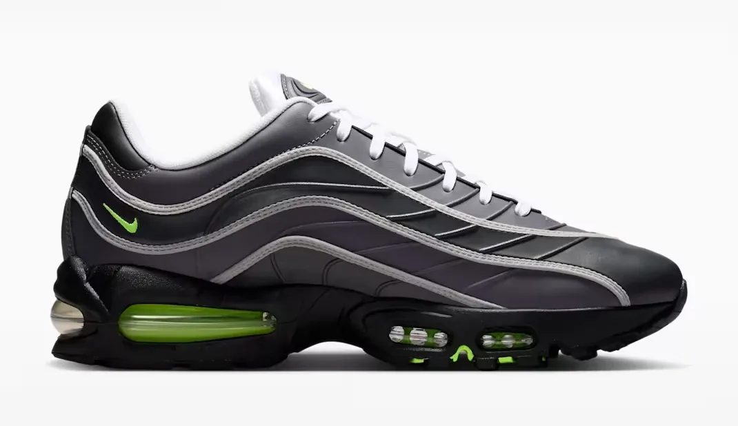 Medial side of the Nike Air Max Joga Bonito in Black, Anthracite, Smoke Grey and Neon Green.