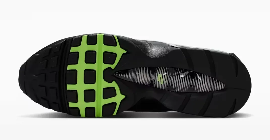 Outsole view of the Nike Air Max Joga Bonito in Black, Anthracite, Smoke Grey and Neon Green.