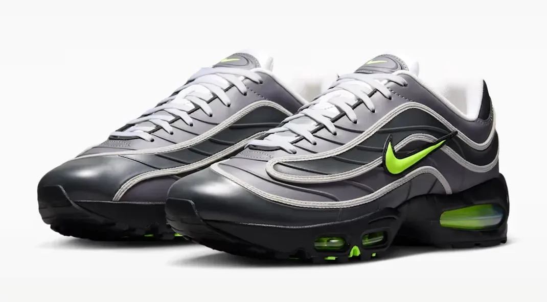 Angled pair of Nike Air Max Joga Bonito sneakers in Black, Anthracite, Smoke Grey and Neon Green.