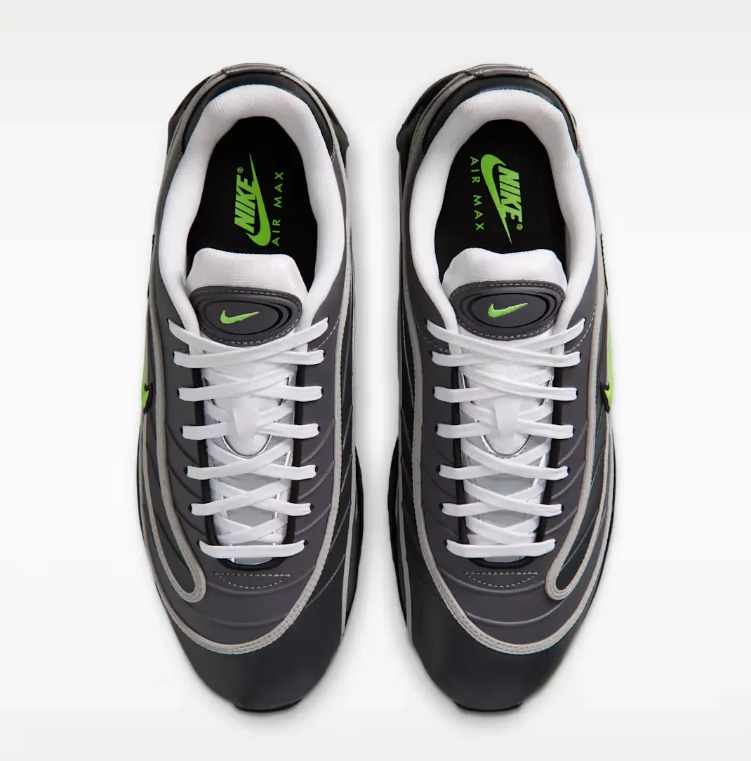 Top-down view of the Nike Air Max Joga Bonito in Black, Anthracite, Smoke Grey and Neon Green.