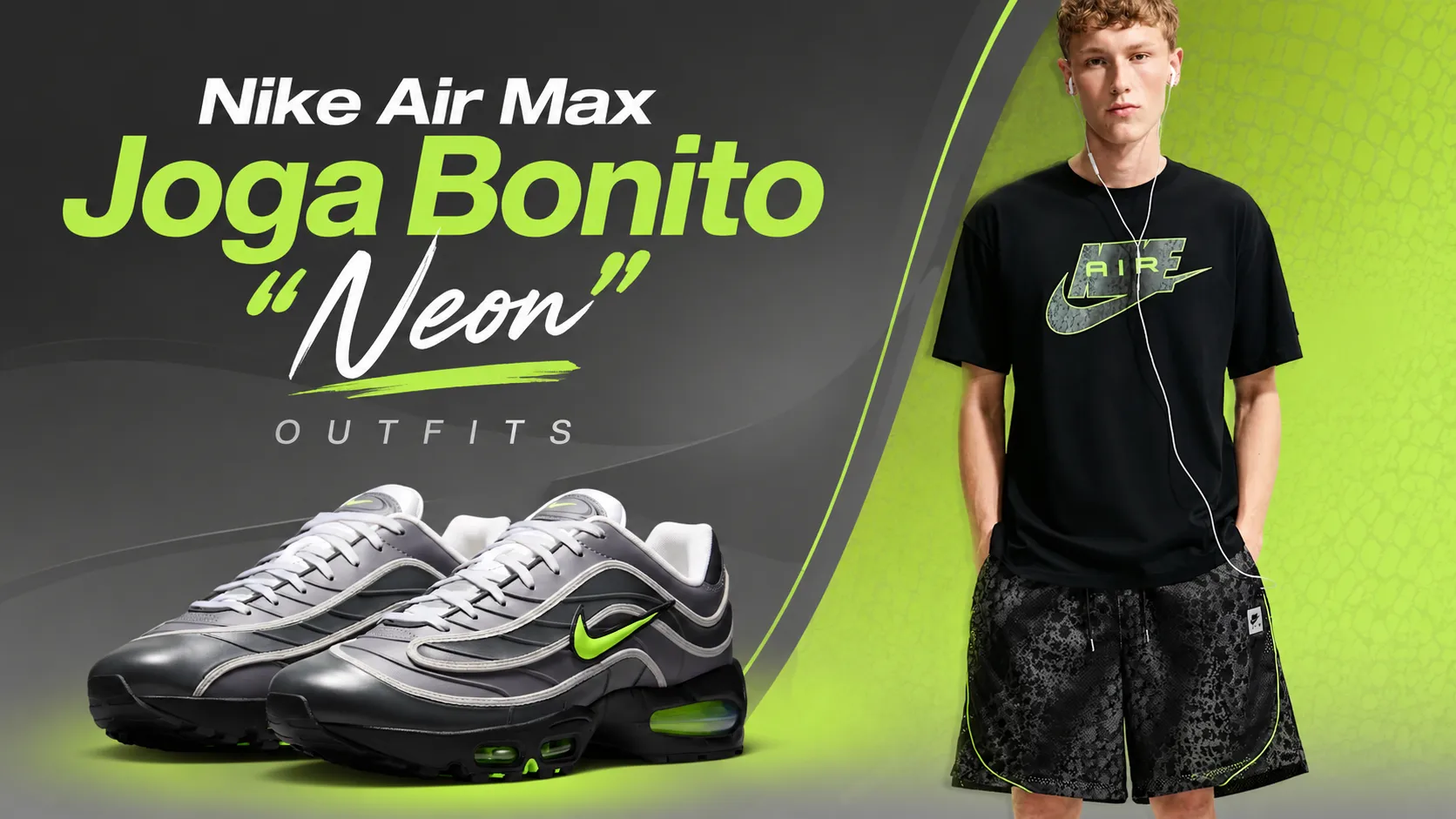 Nike Air Max Joga Bonito "Neon" sneakers paired with matching Nike Sportswear apparel for outfit inspiration.