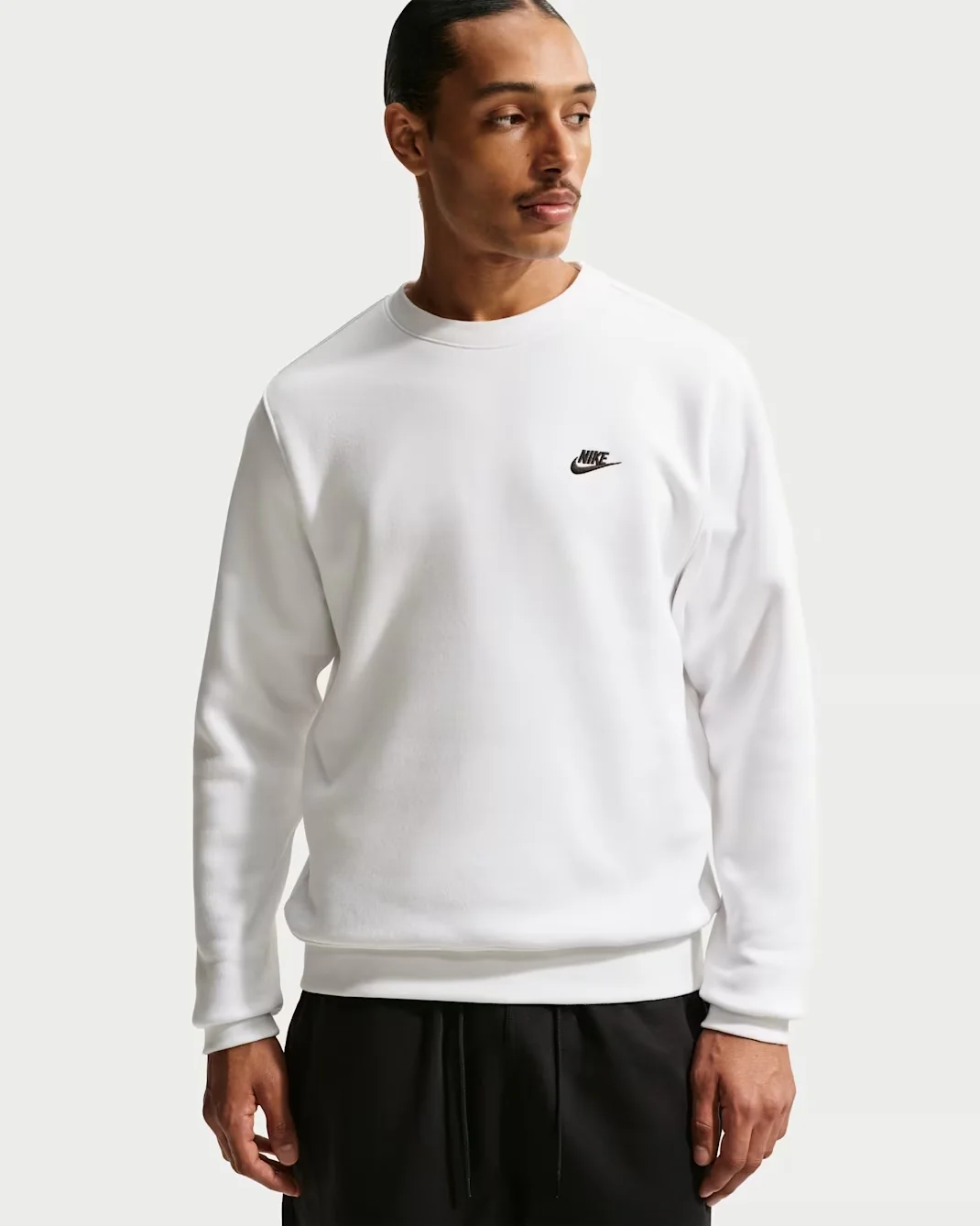 Nike Club Fleece Crew in white with black Nike logo