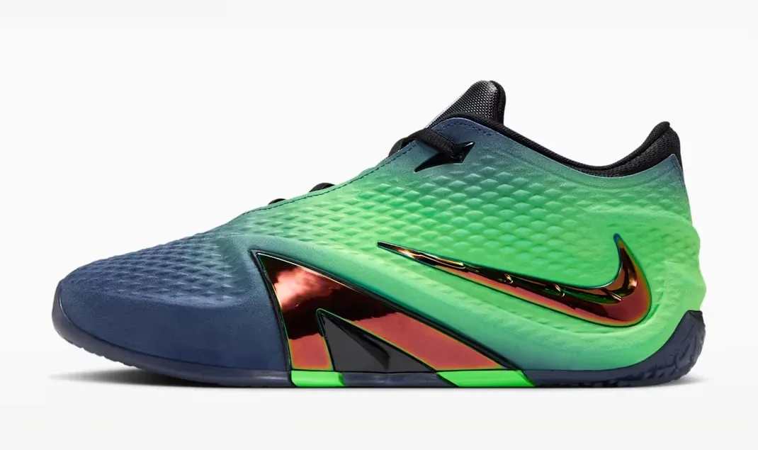 Lateral side of the Nike Ja 4 Nightmare in Obsidian and Voltage Green with a Multi-Color Swoosh.