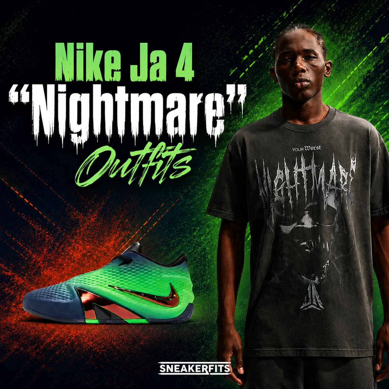 Nike Ja 4 “Nightmare” sneaker with matching dark graphic apparel and SneakerFits branding.
