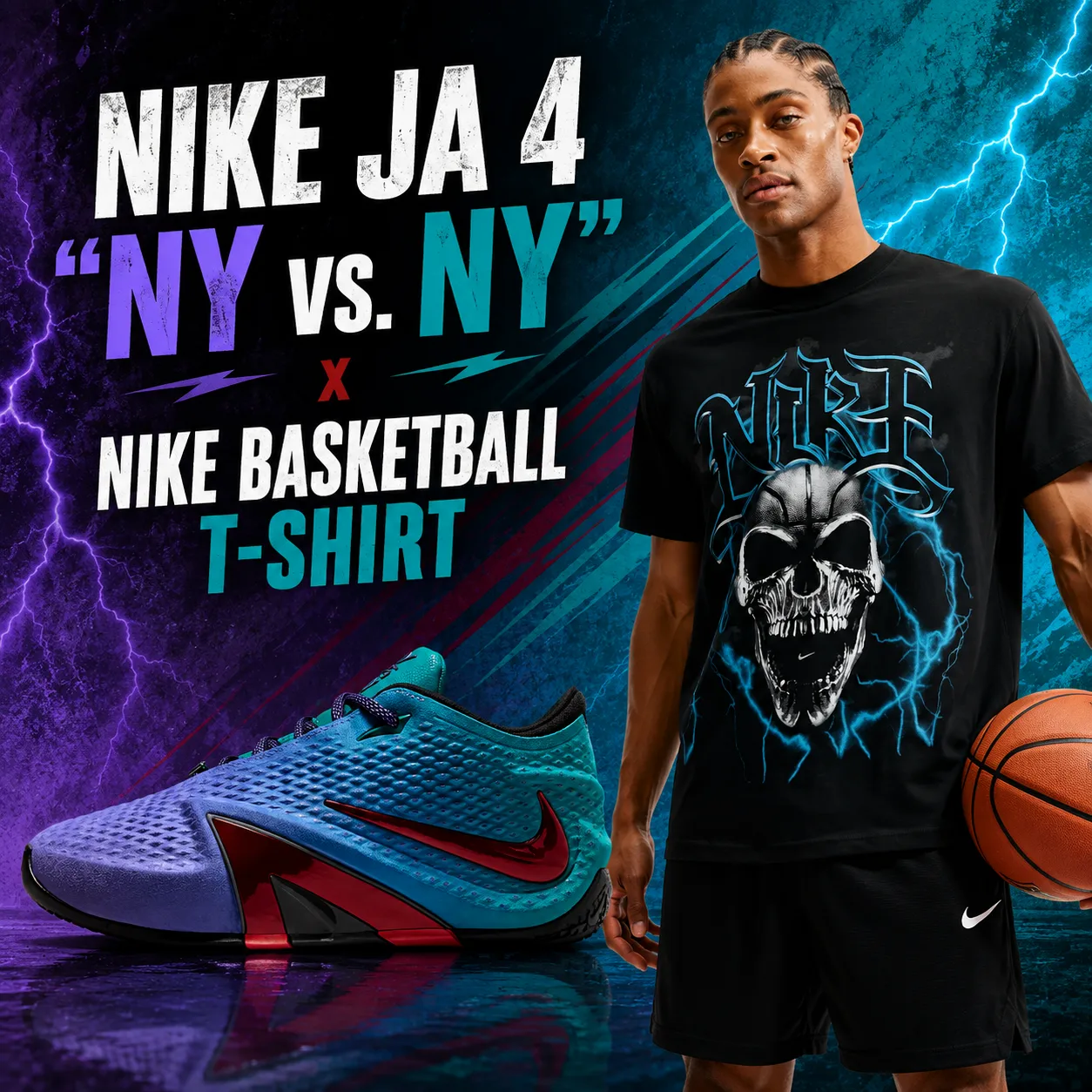 Nike Ja 4 “NY vs. NY” sneakers with matching black Nike Basketball graphic T-shirt.