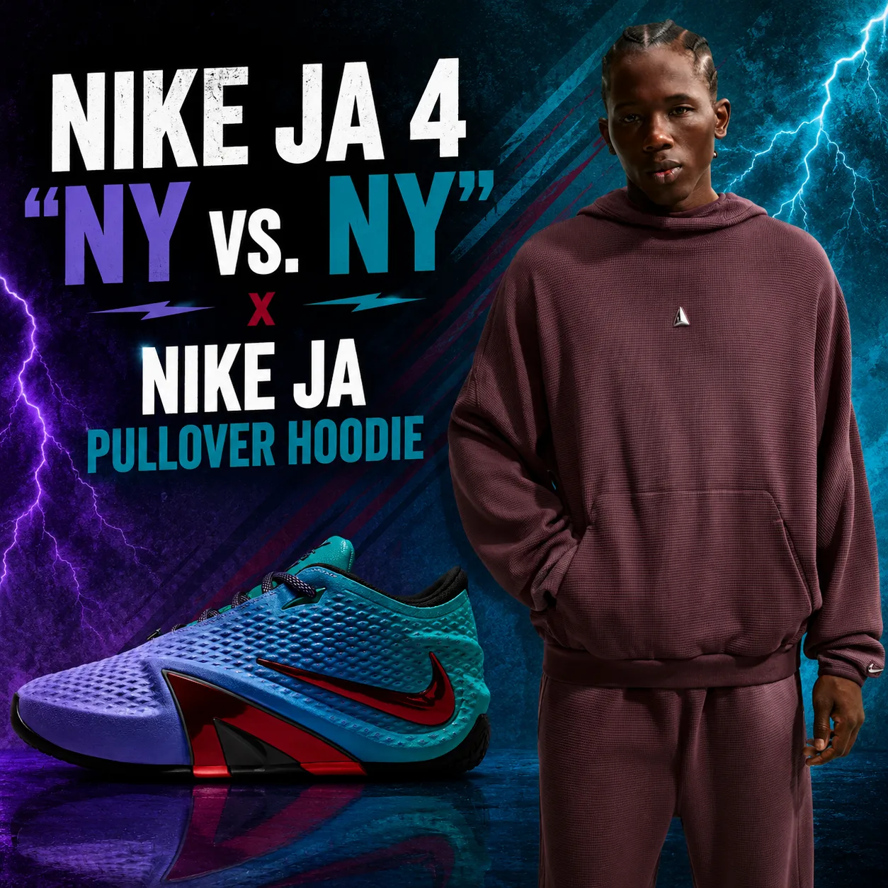 Nike Ja 4 “NY vs. NY” sneakers with matching Nike Ja Pullover Hoodie in burgundy.