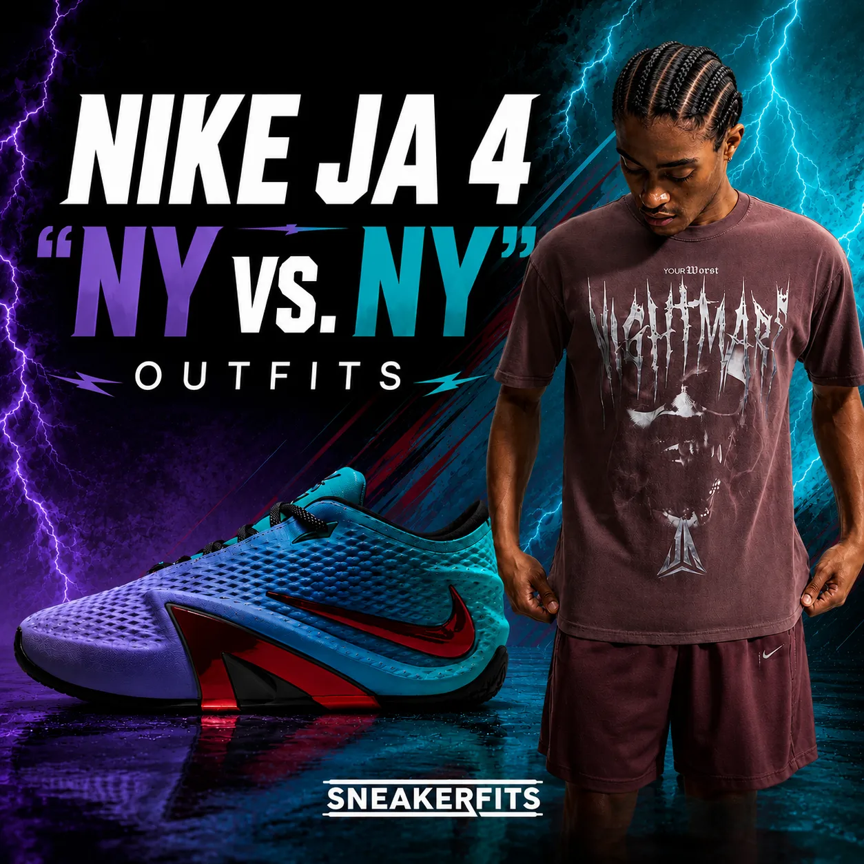 Nike Ja 4 “NY vs. NY” sneakers with matching Nike apparel outfit inspiration.