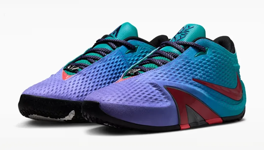 Angled pair of Nike Ja 4 NY vs. NY sneakers in Persian Violet, Rio Teal, Iron Grey and Fruit Punch.