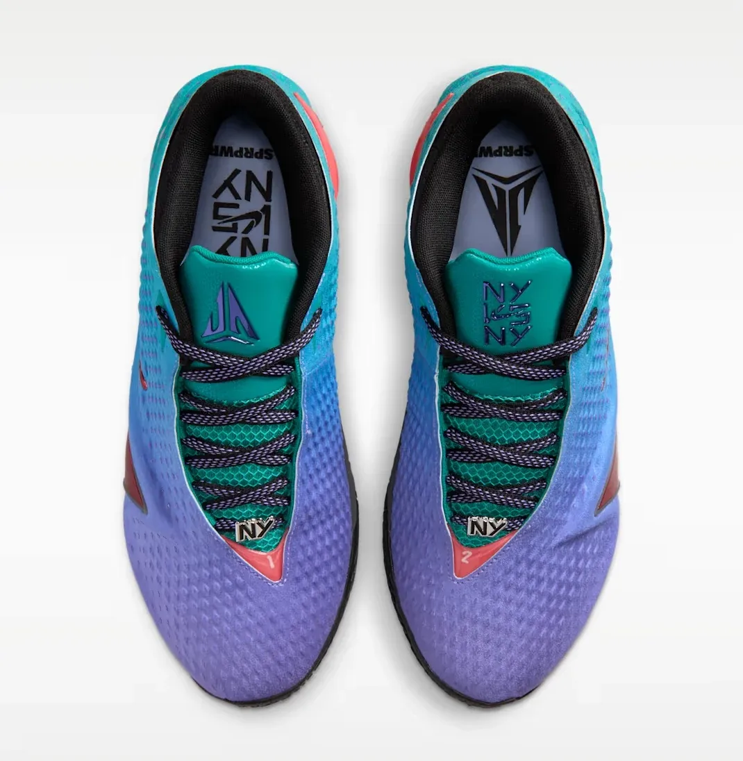 Top view of the Nike Ja 4 NY vs. NY in Persian Violet, Rio Teal, Iron Grey and Fruit Punch.