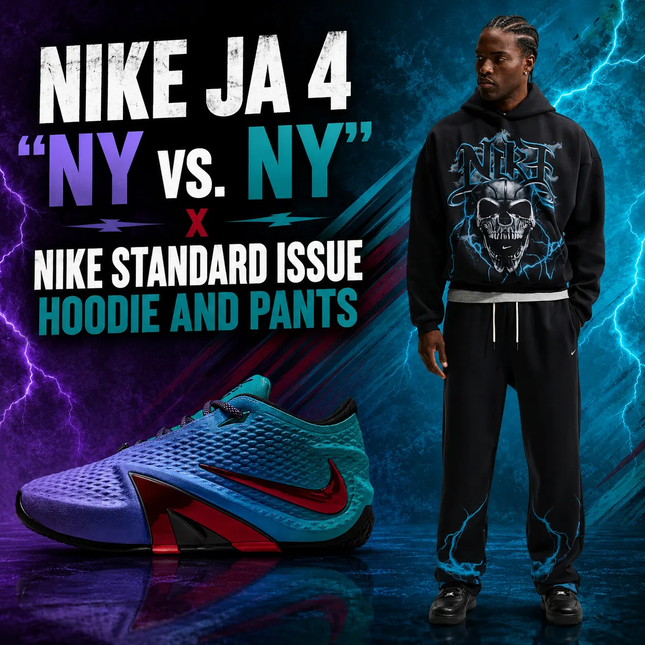 Nike Ja 4 “NY vs. NY” sneakers paired with a black Nike Standard Issue hoodie and matching pants.