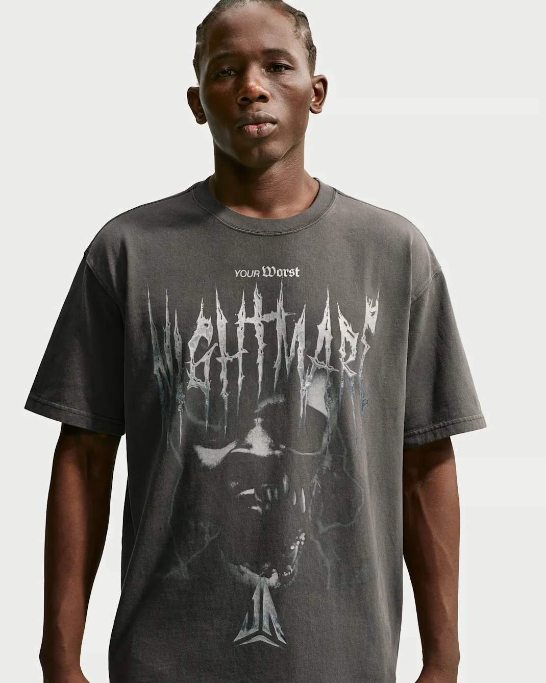Nike Ja men's basketball T-shirt in Black and Dark Grey with Nightmare graphic.