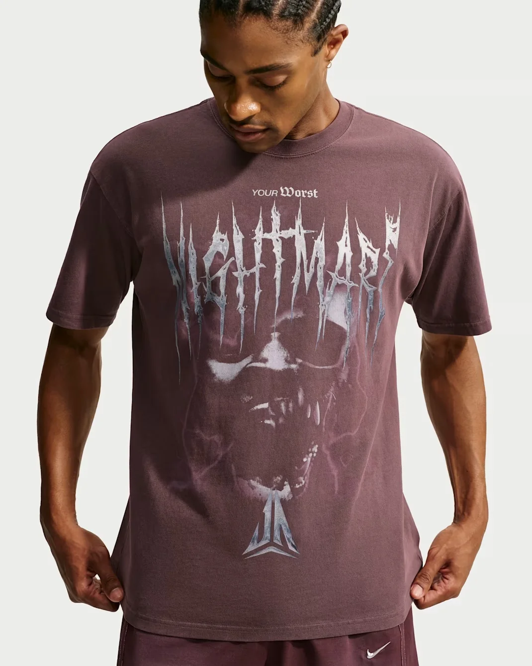 Nike Ja Morant Nightmare T-shirt in burgundy and grey