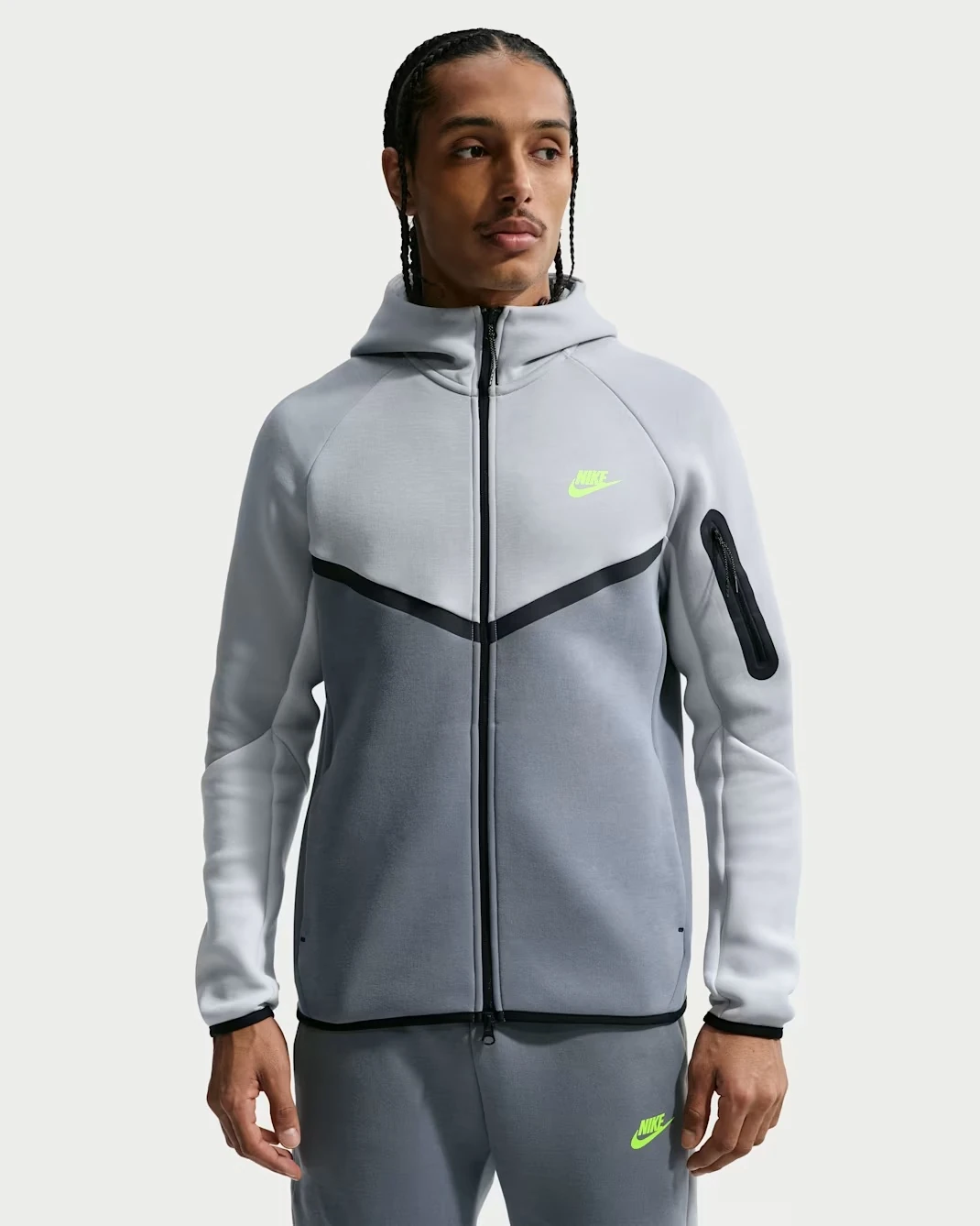 Nike Tech Fleece Windrunner Full-Zip Jacket in Light Graphite, Black and Neon Yellow.