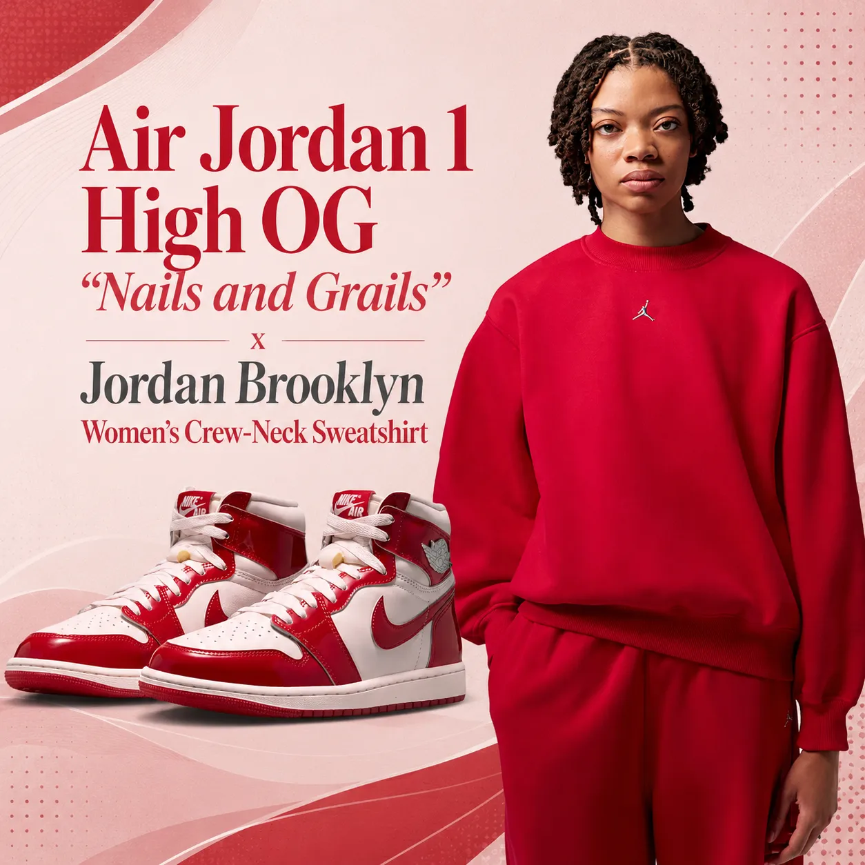 Air Jordan 1 High OG “Nails and Grails” sneakers with the red Jordan Brooklyn Women’s Crew-Neck Sweatshirt.