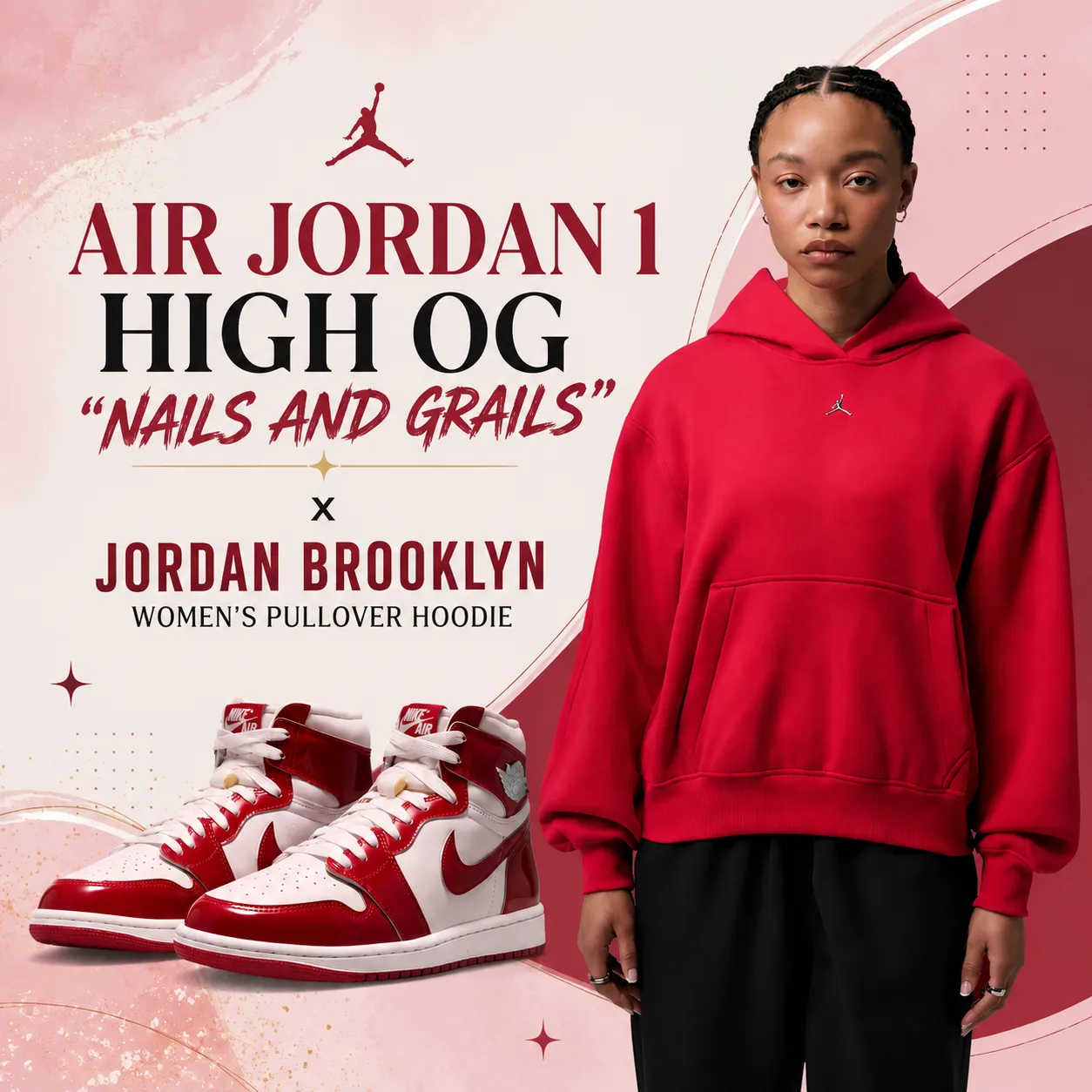Air Jordan 1 High OG “Nails and Grails” sneakers paired with the red Jordan Brooklyn Women’s Pullover Hoodie.