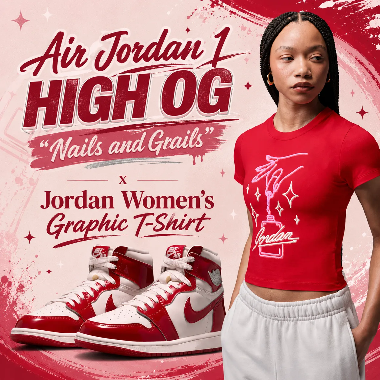 Air Jordan 1 High OG “Nails and Grails” sneakers with matching red Jordan Women’s Graphic T-Shirt.