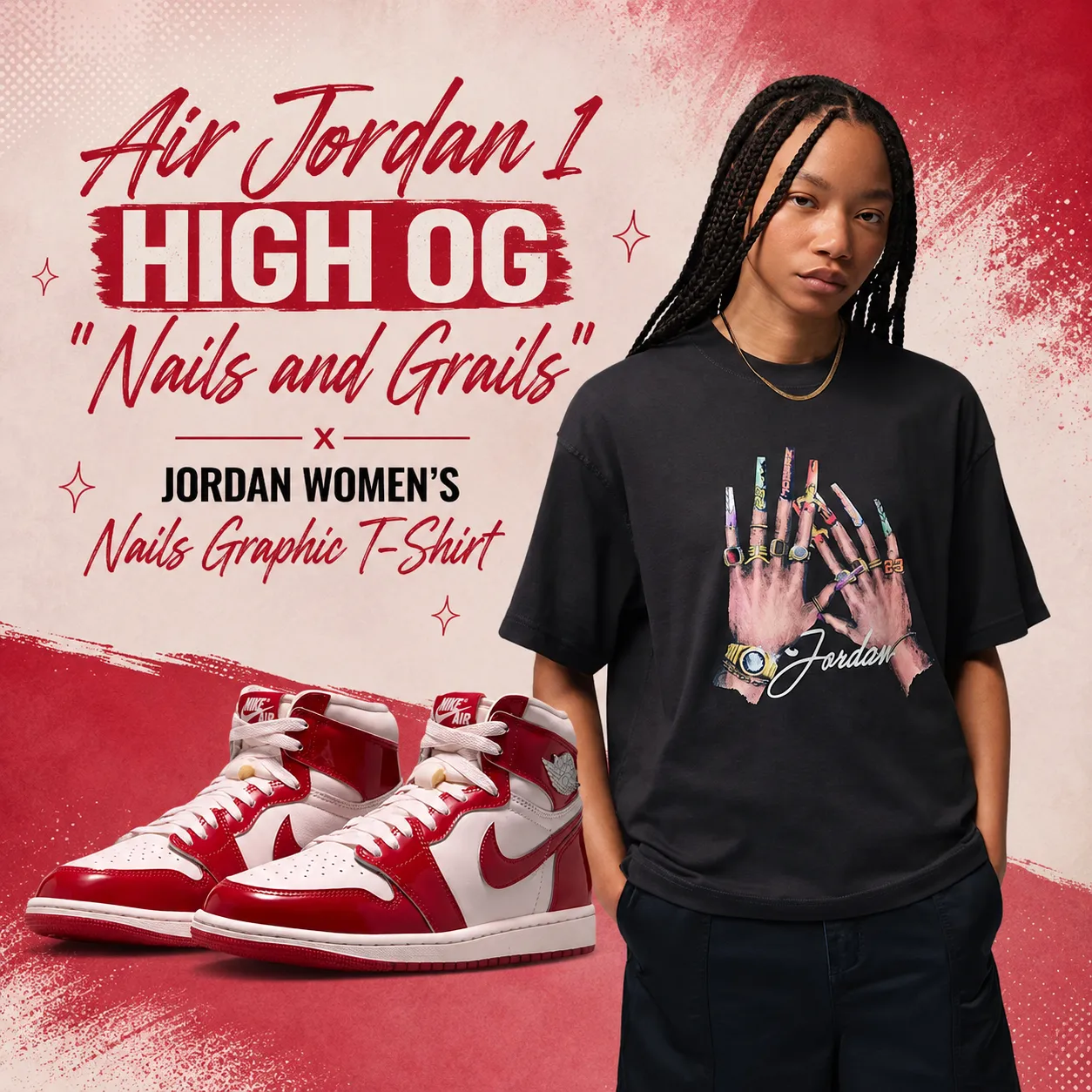 Air Jordan 1 High OG “Nails and Grails” sneakers with Jordan Women’s Nails Graphic T-Shirt in black.