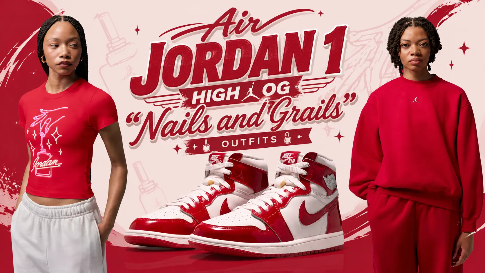 Air Jordan 1 High OG “Nails and Grails” sneakers with matching red Jordan Brand outfits.