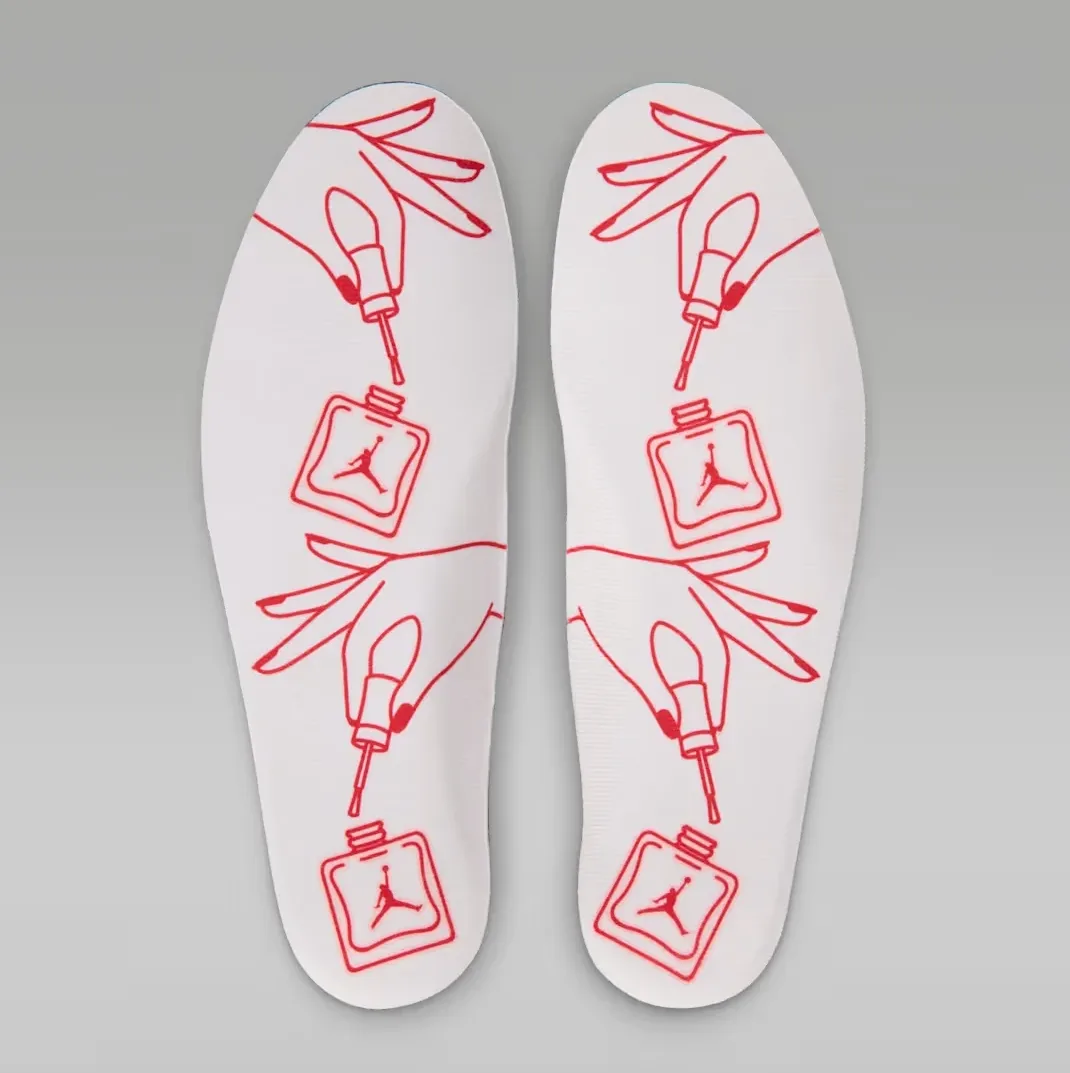 Air Jordan 1 High OG Nails and Grails insoles with red nail polish graphics on Light Soft Pink