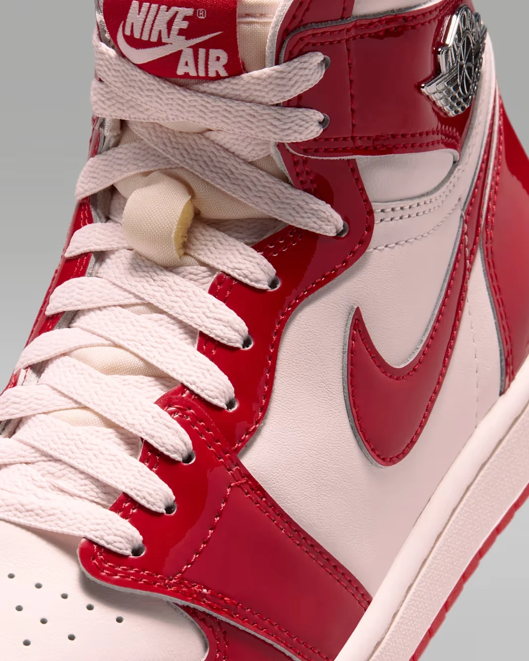 Air Jordan 1 High OG Nails and Grails laces with University Red patent leather and Metallic Silver Wings logo