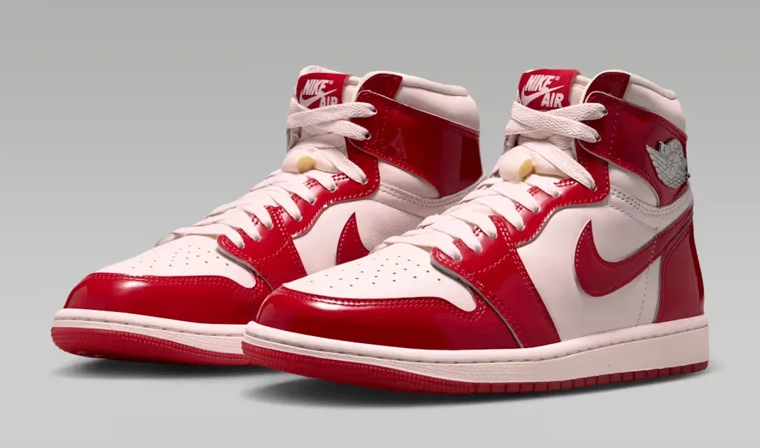 Pair of Air Jordan 1 High OG Nails and Grails in University Red, Light Soft Pink and Metallic Silver