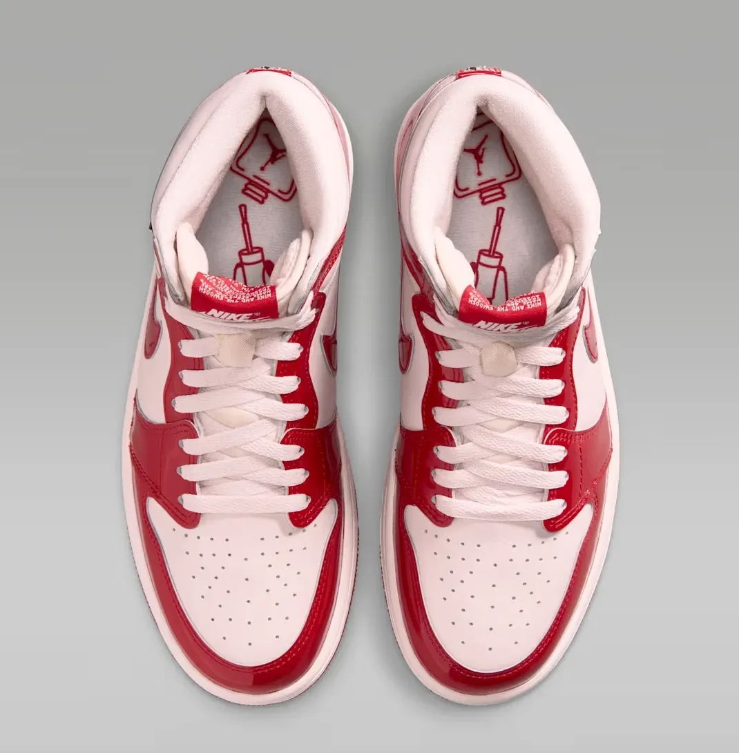 Top view of Air Jordan 1 High OG Nails and Grails in University Red and Light Soft Pink