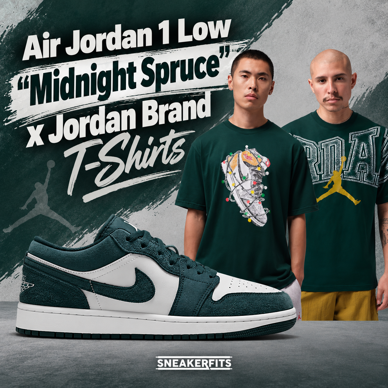 Air Jordan 1 Low Midnight Spruce sneakers with matching green Jordan Brooklyn and Jordan graphic T-shirts.