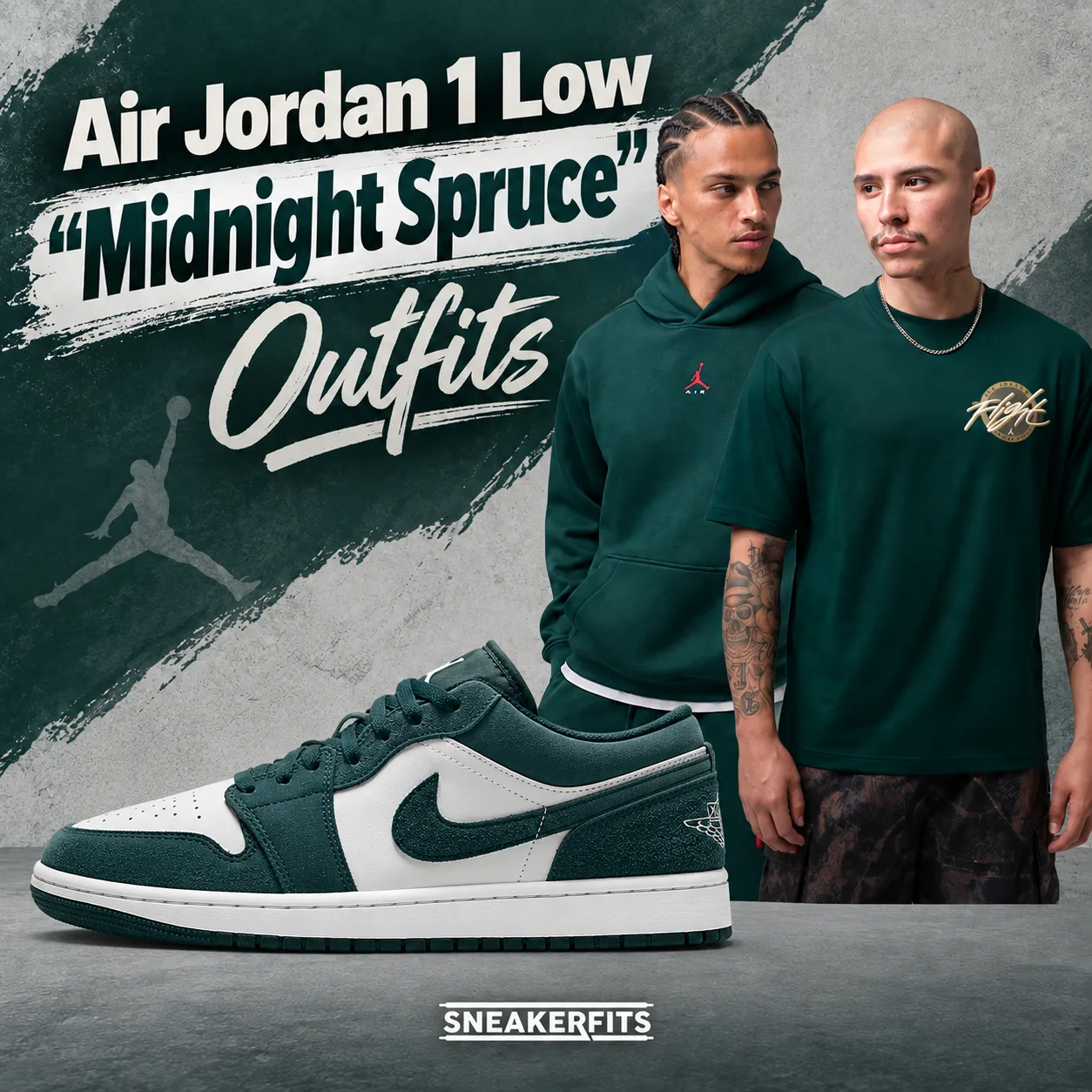 Air Jordan 1 Low Midnight Spruce with matching green Jordan hoodie and Jordan Flight T-shirt outfit ideas.