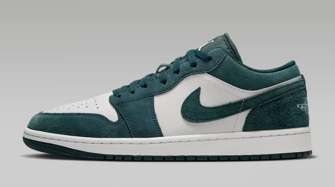 Side view of the Air Jordan 1 Low Midnight Spruce in Pale Ivory and Light Orewood Brown.