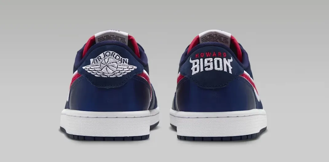 Heel view of Air Jordan 1 Low OG “Howard” in College Navy, White and University Red