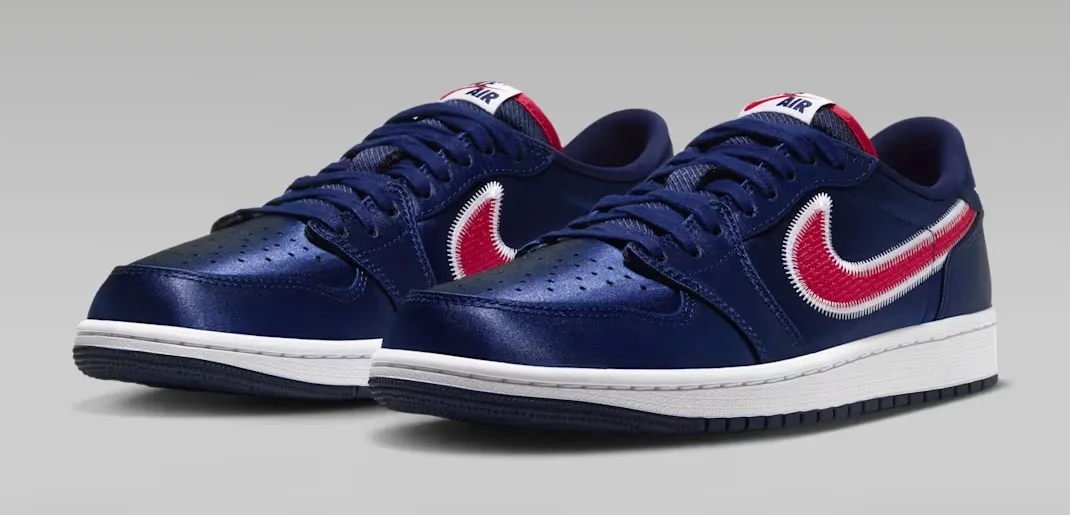 Pair of Air Jordan 1 Low OG “Howard” sneakers in College Navy, White and University Red