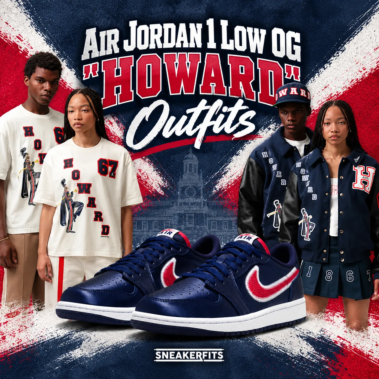 Air Jordan 1 Low OG “Howard” outfits featuring College Navy, White and University Red sneakers with matching Howard University apparel
