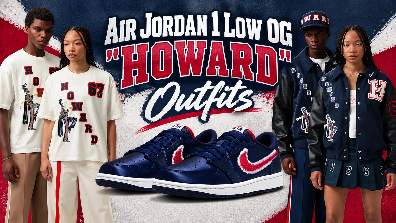 Air Jordan 1 Low OG “Howard” outfits with College Navy, White and University Red sneakers and matching Howard University apparel