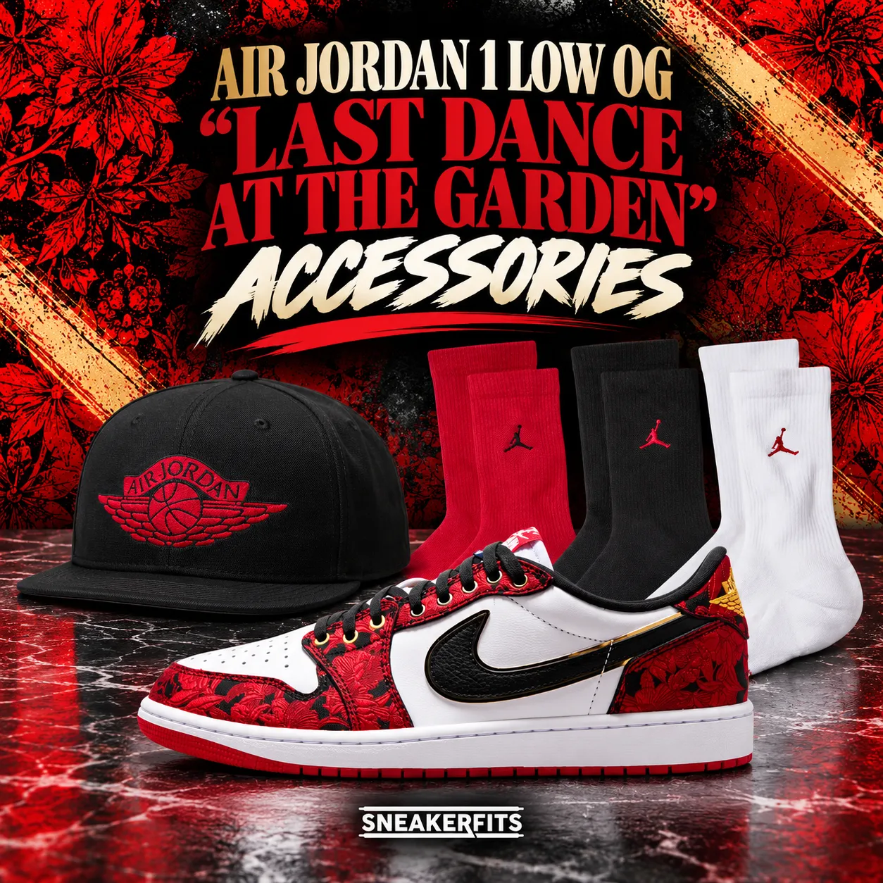 Air Jordan 1 Low OG “Last Dance At The Garden” sneakers with matching Jordan hat and socks