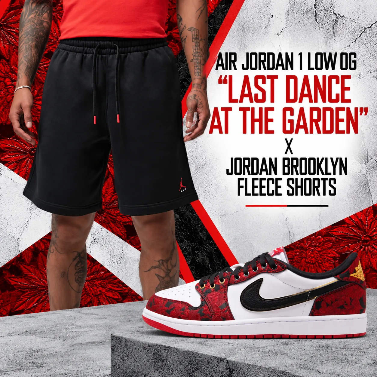 Air Jordan 1 Low OG “Last Dance At The Garden” with black Jordan Brooklyn Fleece Shorts