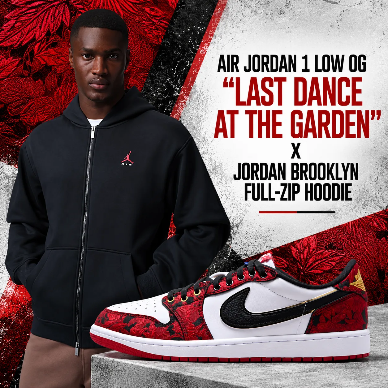 Air Jordan 1 Low OG “Last Dance At The Garden” with black Jordan Brooklyn Full-Zip Hoodie