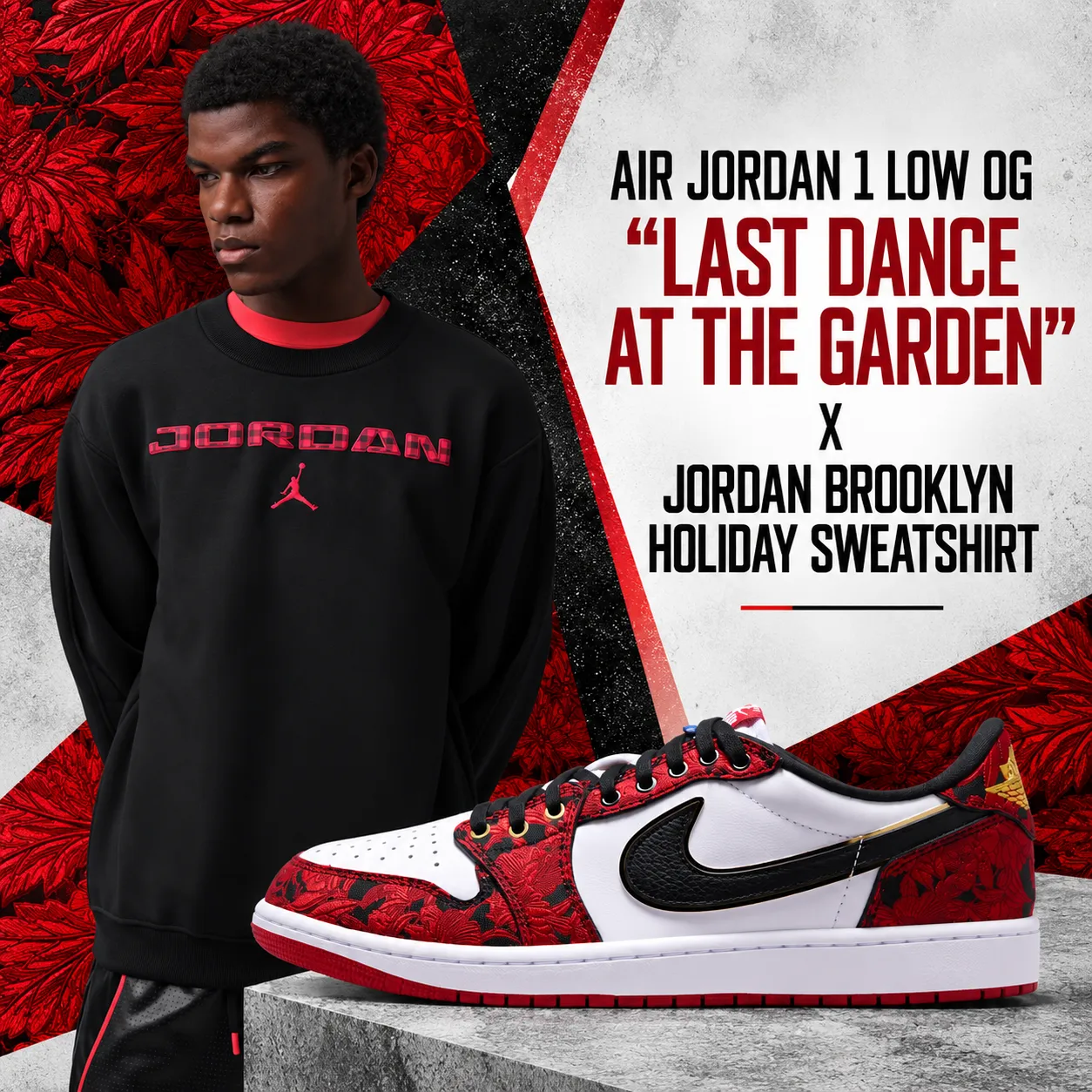 Air Jordan 1 Low OG “Last Dance At The Garden” sneakers with black Jordan Brooklyn Holiday Sweatshirt