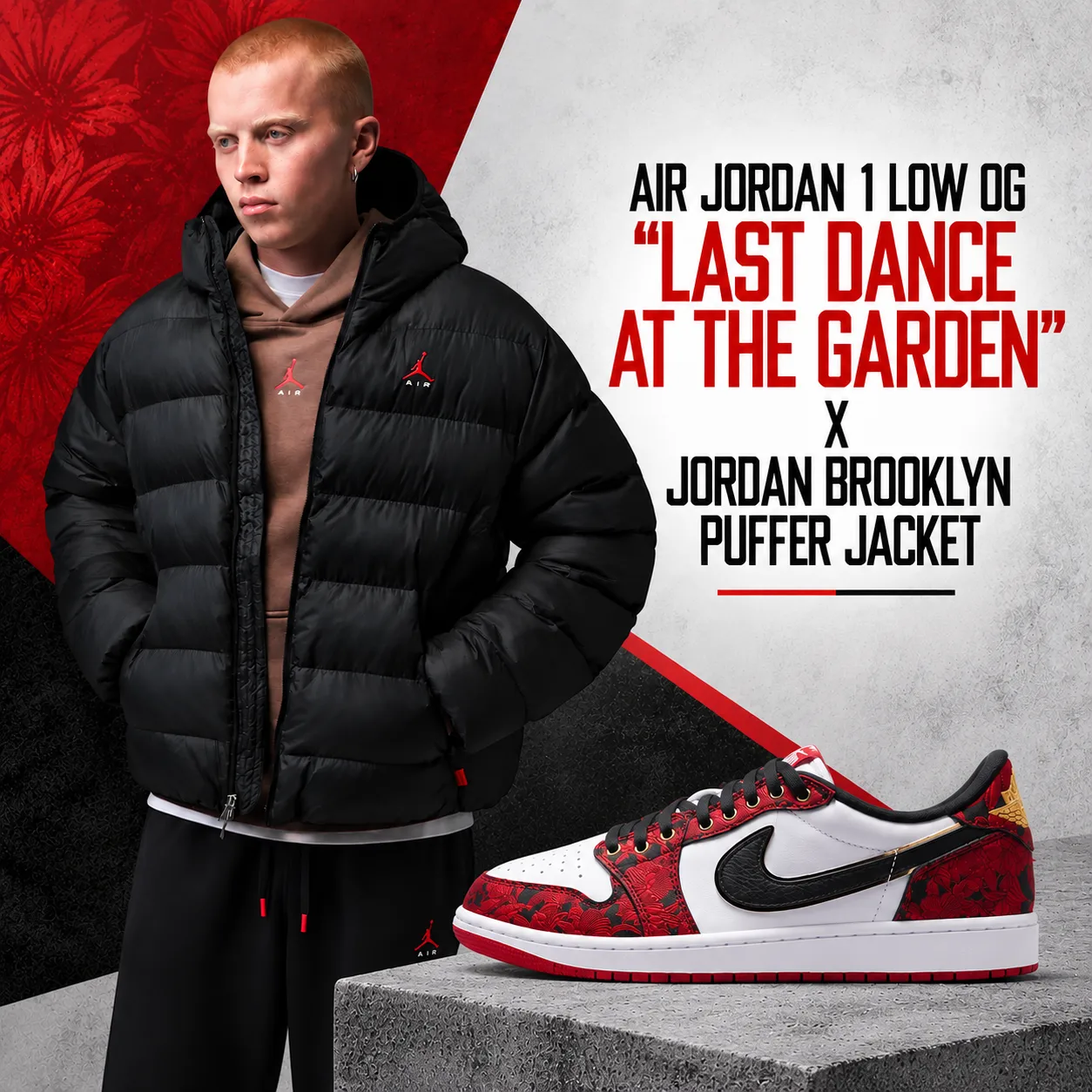 Air Jordan 1 Low OG “Last Dance At The Garden” with black Jordan Brooklyn Puffer Jacket