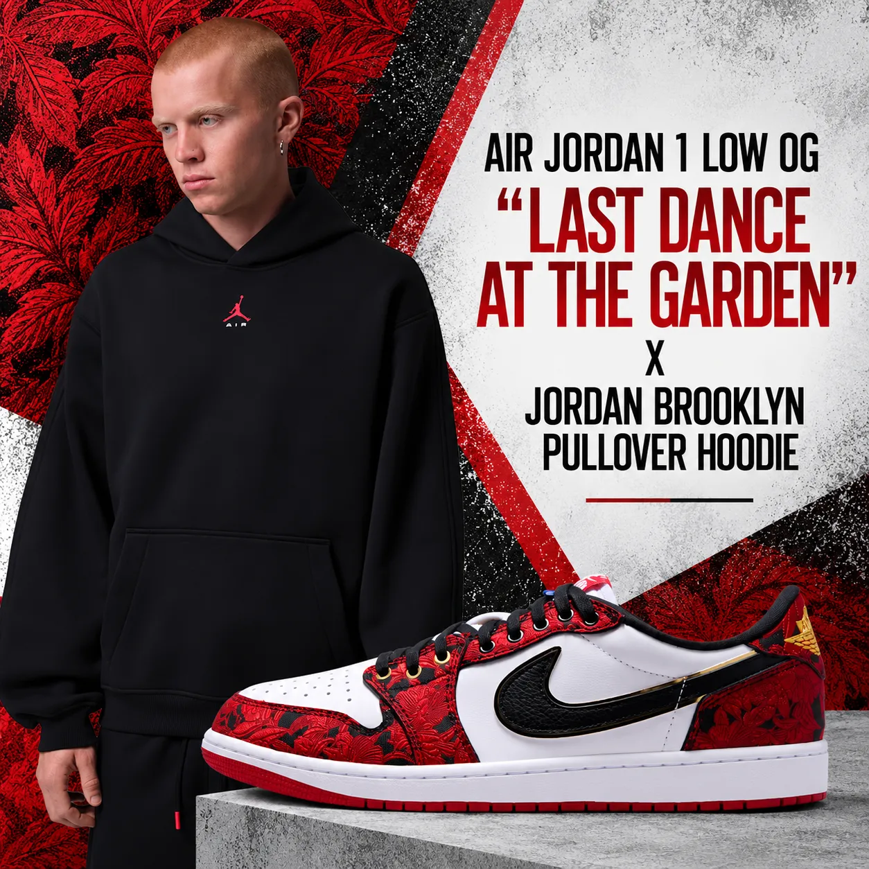 Air Jordan 1 Low OG “Last Dance At The Garden” with black Jordan Brooklyn Pullover Hoodie