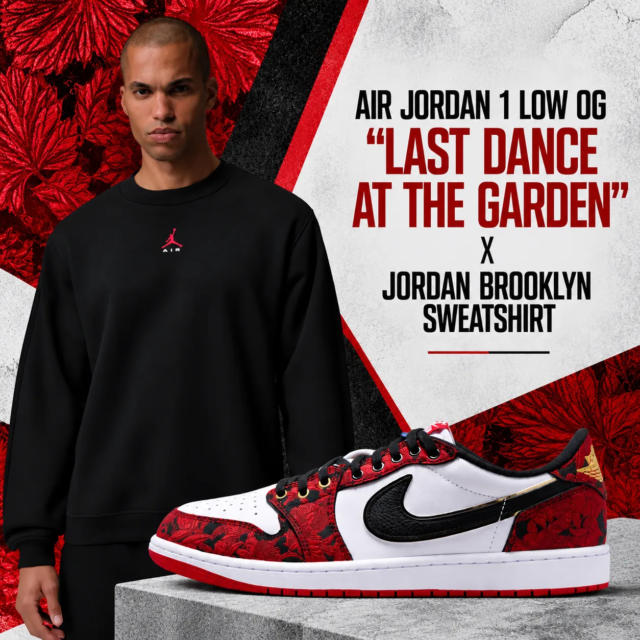Air Jordan 1 Low OG “Last Dance At The Garden” sneakers with black Jordan Brooklyn Sweatshirt