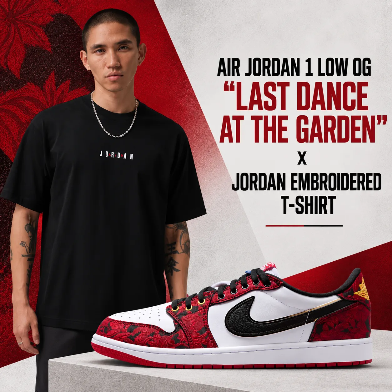 Air Jordan 1 Low OG Last Dance At The Garden with black Jordan Embroidered T-Shirt