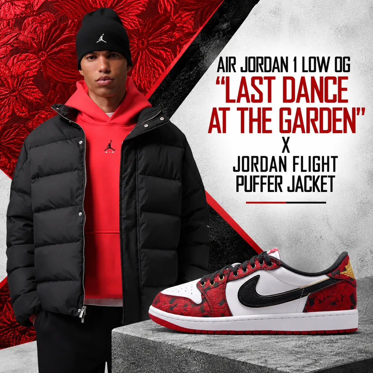 Air Jordan 1 Low OG “Last Dance At The Garden” with black Jordan Flight Puffer Jacket