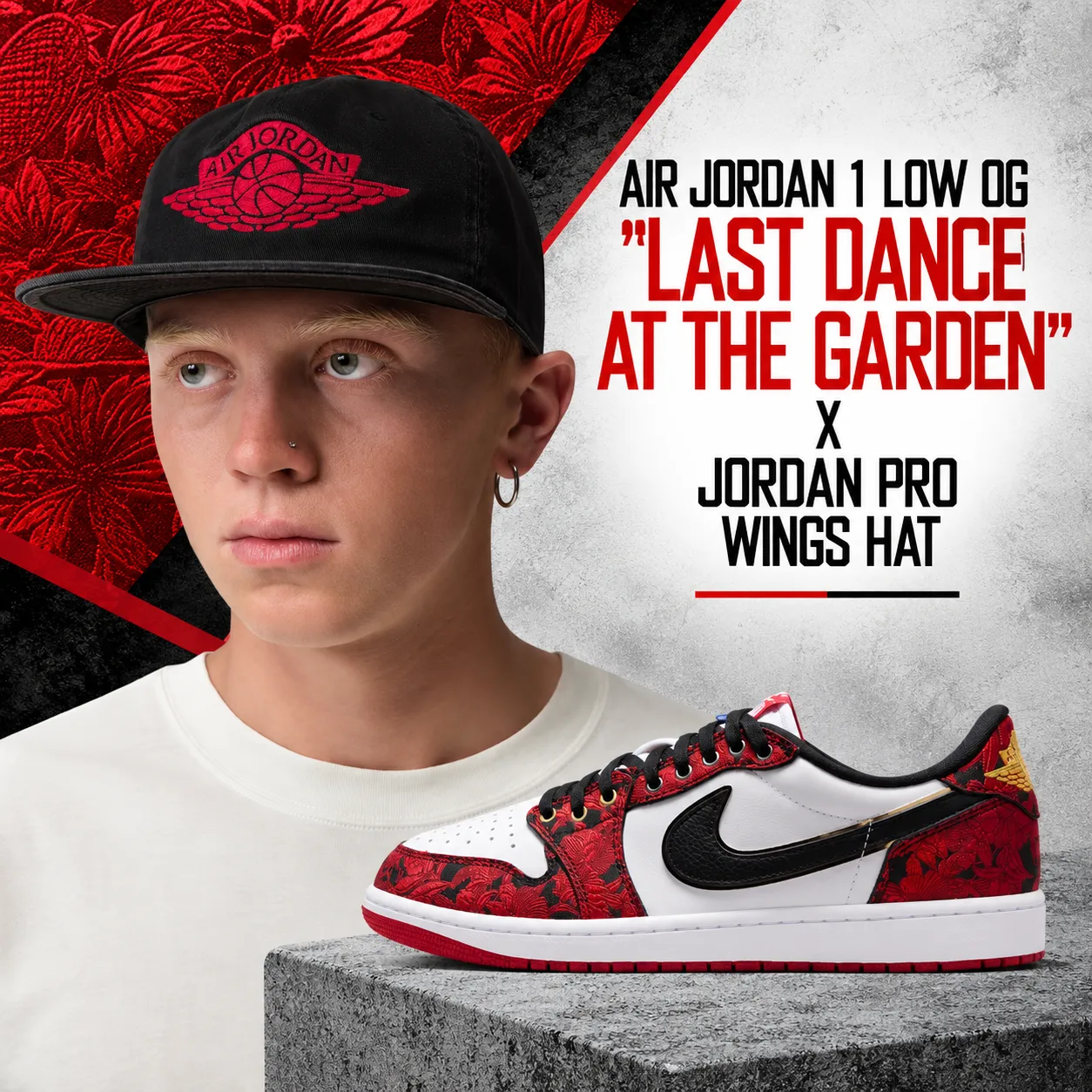 Air Jordan 1 Low OG "Last Dance At The Garden" with black and red Jordan Pro Wings Hat