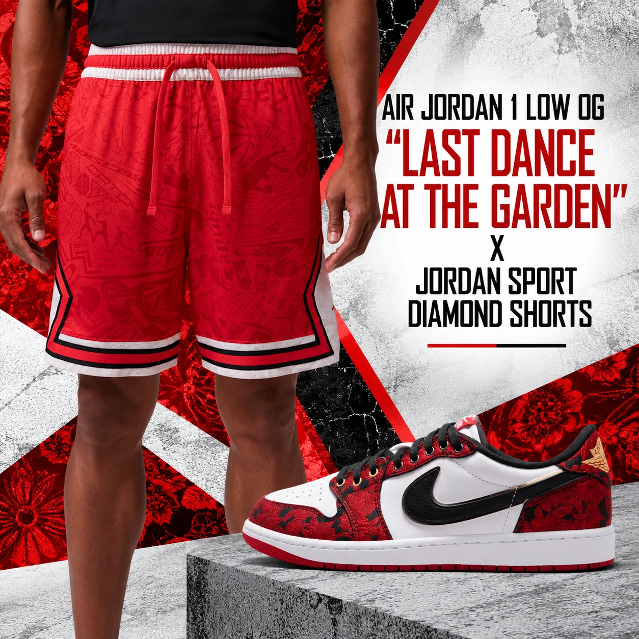 Air Jordan 1 Low OG “Last Dance At The Garden” with red Jordan Sport Diamond Shorts