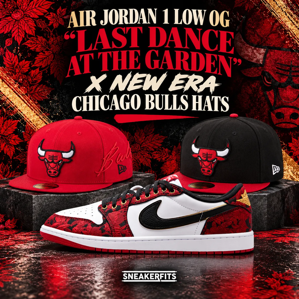 Air Jordan 1 Low OG “Last Dance At The Garden” sneakers with red and black New Era Chicago Bulls hats.
